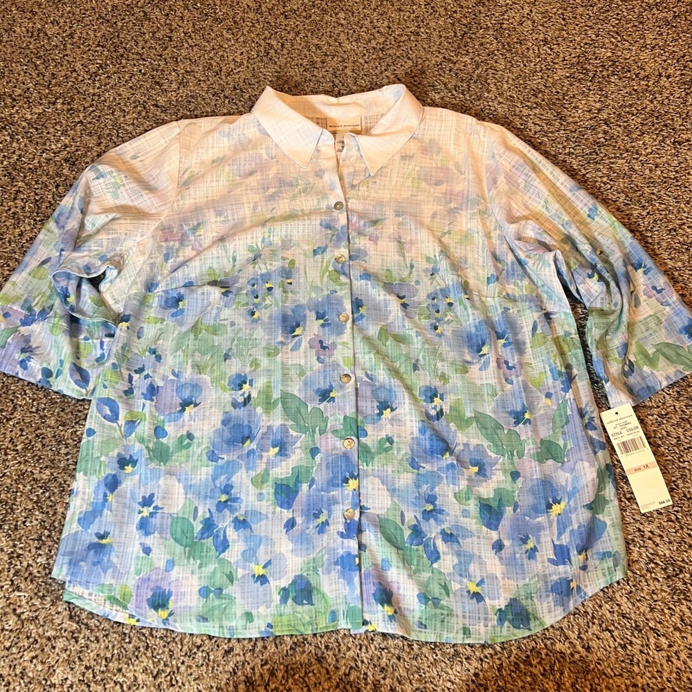 Alfred Dunner Woman 1X Floral Print Button Down 3/4 Sleeve Blue Green White